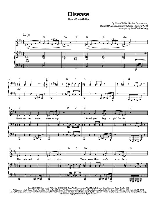 Disease for Piano-Vocal-Guitar sheet music