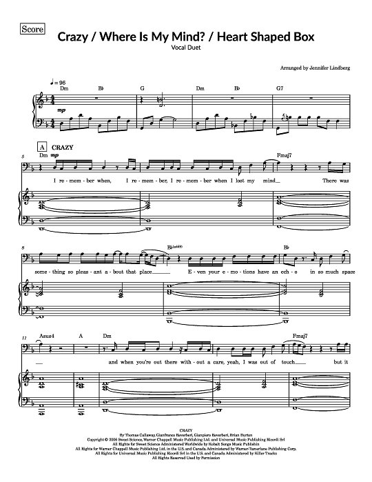 Crazy x Where Is My Mind? x Heart Shaped Box for Piano-Vocal-Guitar sheet music