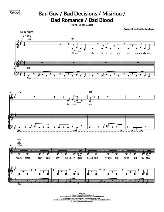 Bad Guy, Misirlou, Bad Decisions, Bad Romance, Bad Blood for Piano-Vocal-Guitar sheet music