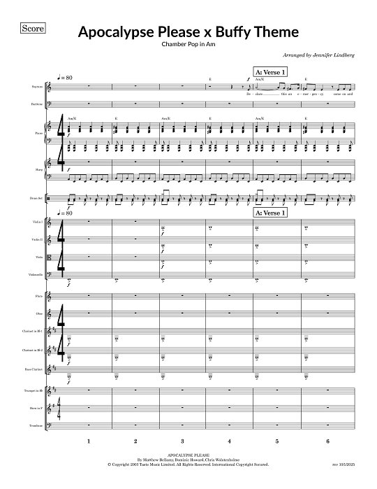 Apocalypse Please x Theme From Buffy The Vampire Slayer for Chamber Ensemble sheet music