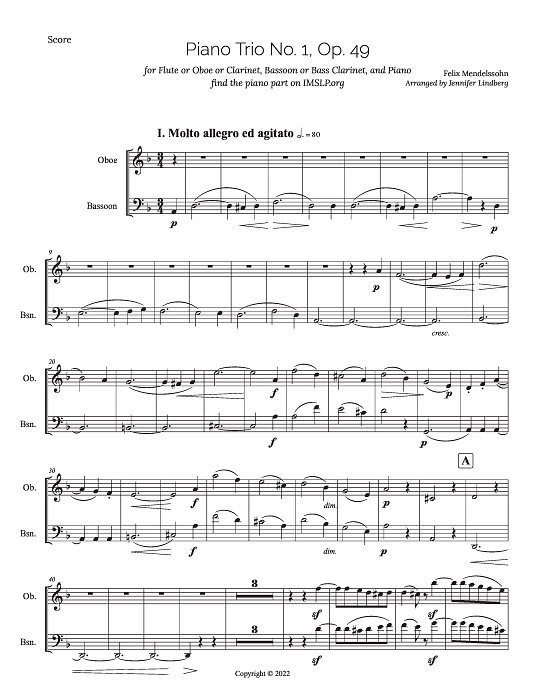 Mendelssohn Piano Trio No. 1, Op. 49, for Flute/Oboe/Clarinet and Bassoon/Bass Clarinet for Trio sheet music
