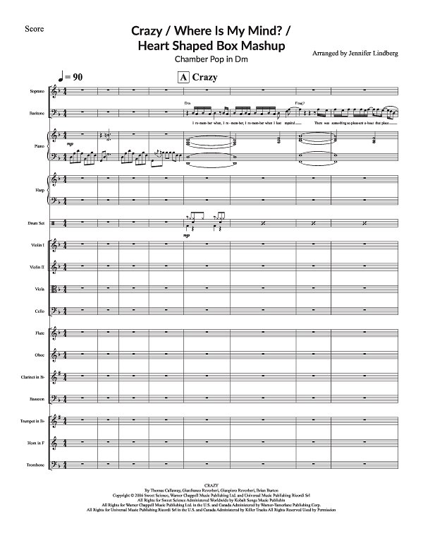 Crazy x Where Is My Mind? x Heart Shaped Box for Chamber Ensemble sheet music, page 1