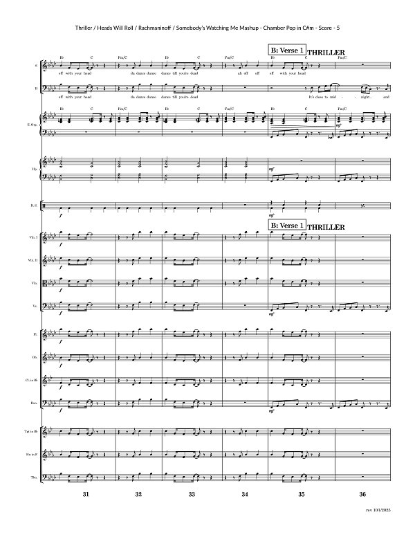 Thriller x Heads Will Roll x Somebody's Watching Me for Chamber Ensemble sheet music, page 5