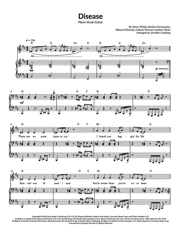 Disease for Piano-Vocal-Guitar sheet music, page 1