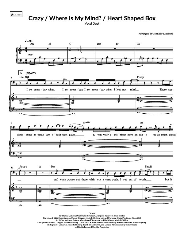 Crazy x Where Is My Mind? x Heart Shaped Box for Piano-Vocal-Guitar sheet music, page 1