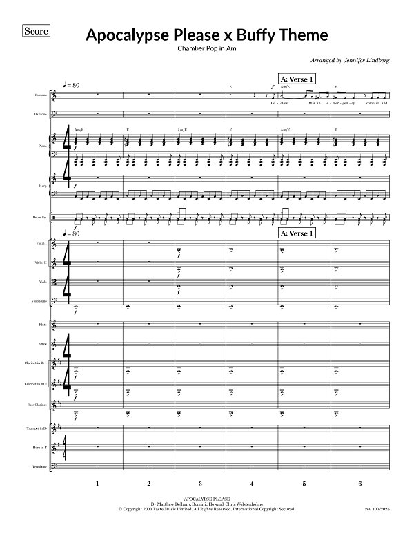 Apocalypse Please x Theme From Buffy The Vampire Slayer for Chamber Ensemble sheet music, page 1