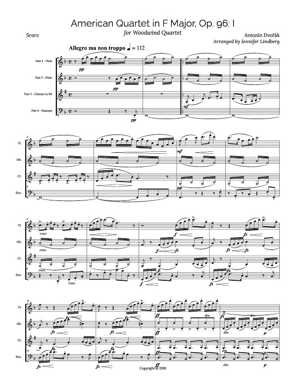 Dvořák American Quartet No. 12 for Mixed Woodwind Quartet for Woodwind Quartet sheet music, page 1