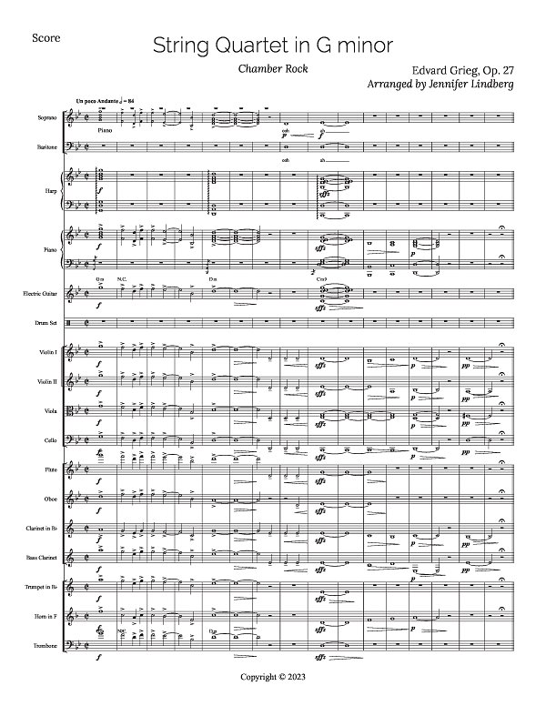 Grieg String Quartet Mvt 1 for Chamber Rock Group for Chamber Ensemble sheet music, page 1