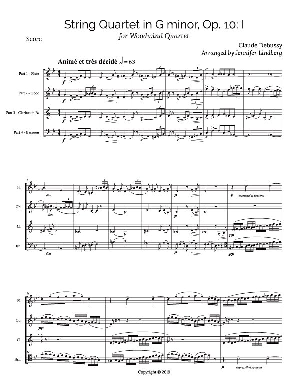 Debussy Quartet in G minor for Woodwind, Clarinet, or Double Reed Quartet for Woodwind Quartet sheet music, page 1